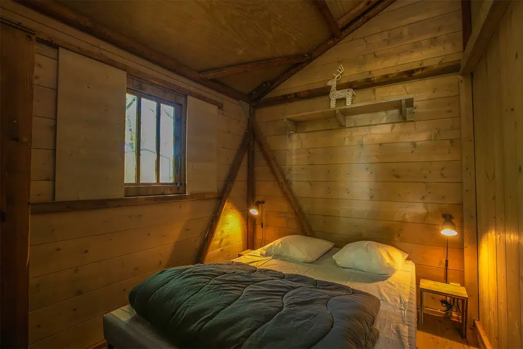 sleep in a wooden cabin among the trees of the lot